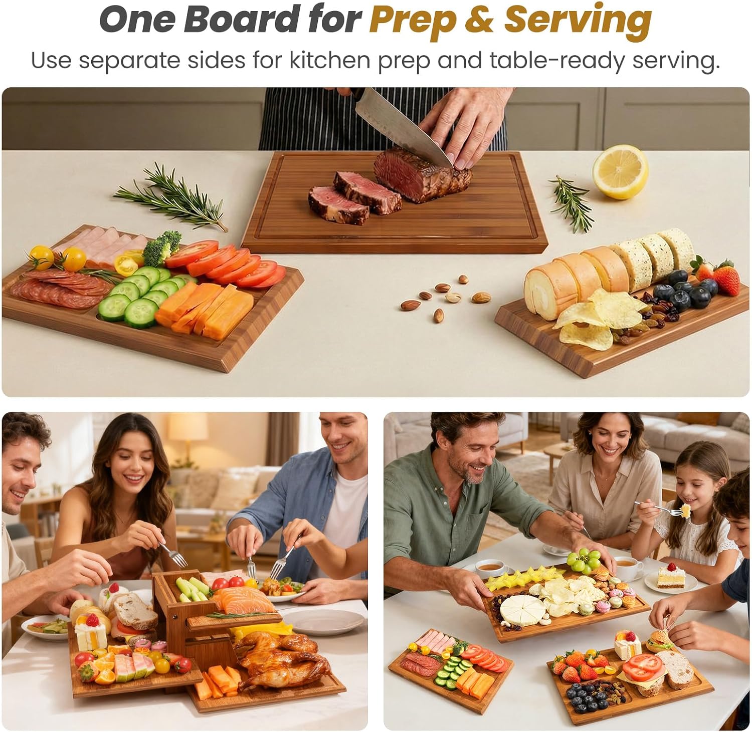 Meal Prep Juice - 竹製まな板セット スタンド付き、3枚の両面まな板 キッチンでの食事の準備とサービング、シャルキュトリ、ジュースグローブ用