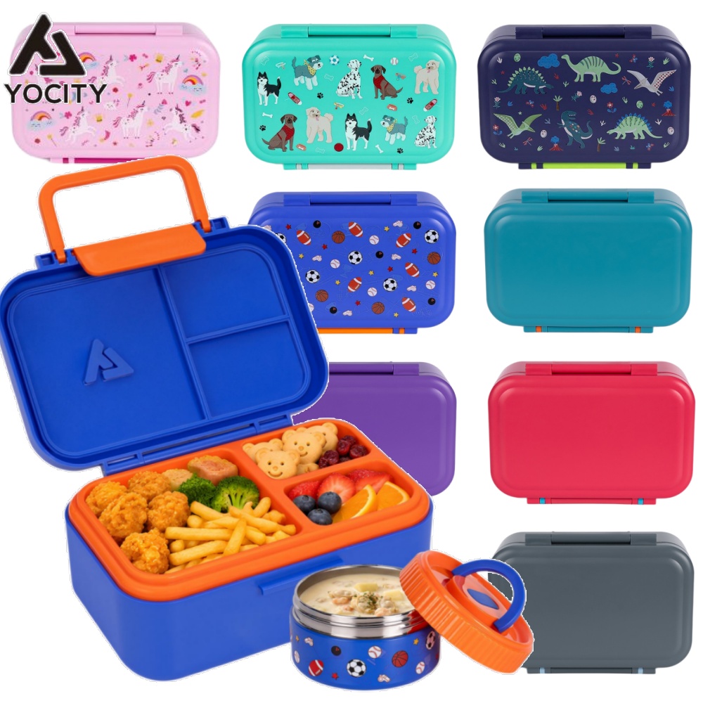 Meal Prep Co - 13オンスのステンレス製真空断熱フードジャー付き弁当箱、漏れ防止ランチコンテナ、3つのコンパートメントを持つ食事準備用ボックス